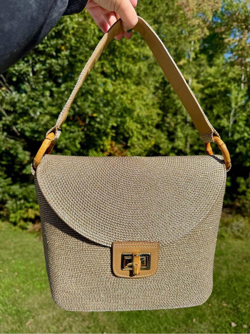 Eric Javits Woven Shoulder Bag with Gold Turn-Lock in Taupe